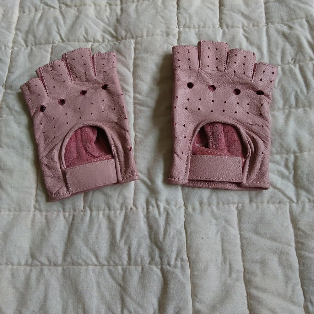 Pink leather fingerless gloves